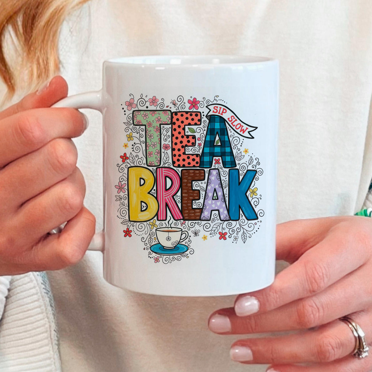 Tea Break Mug - Cozy Coffee Cup With Colorful Floral Design | Relaxation Gift