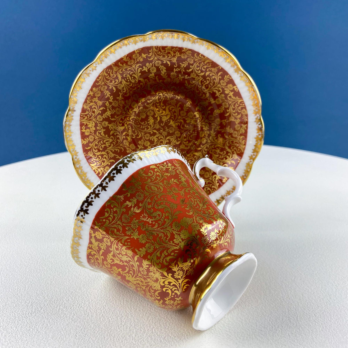 Vintage Royal Albert Brown & Gold Tea Coffee Cup and Saucer. All Over Flower Motif. Gold Leaf Border.  Buckingham Series. Hosting Essentials