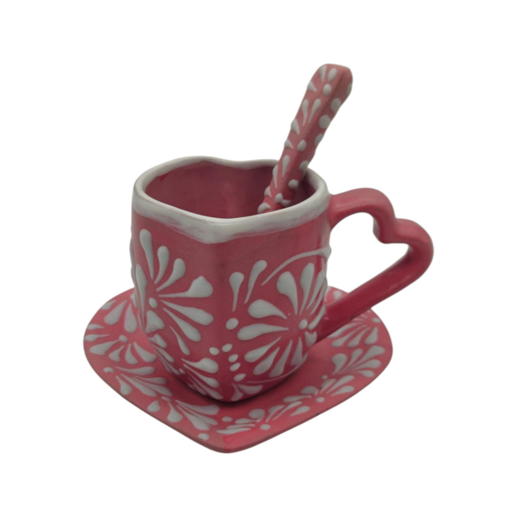 Pink Talavera Heart Mug Set | Plate, Spoon & Floral Design