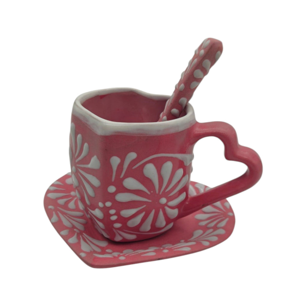 Pink Talavera Heart Mug Set | Plate, Spoon & Floral Design