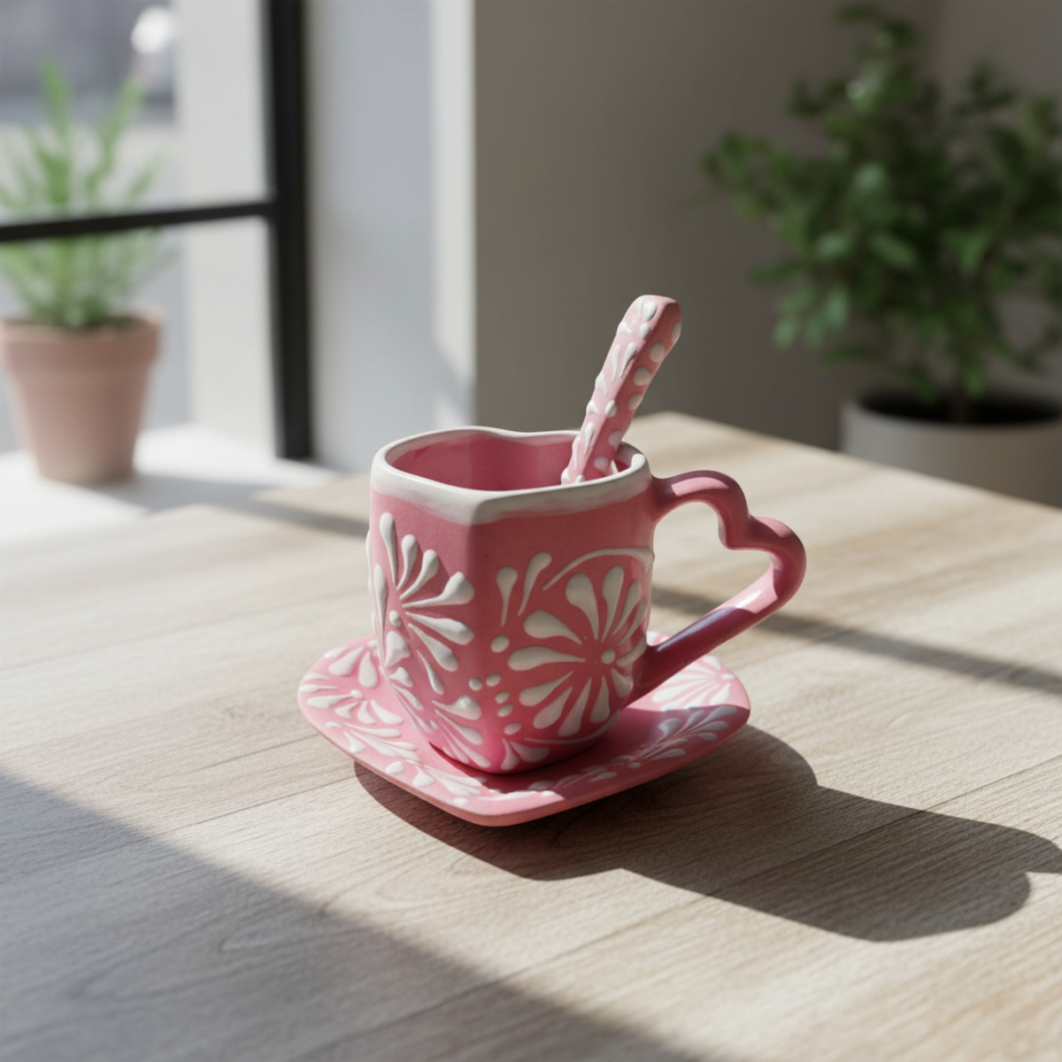 Pink Talavera Heart Mug Set | Plate, Spoon & Floral Design