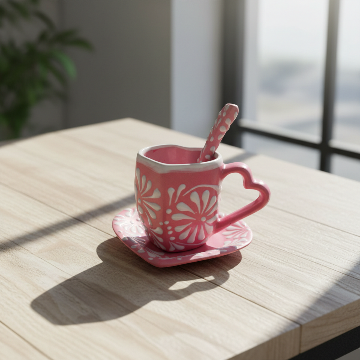 Pink Talavera Heart Mug Set | Plate, Spoon & Floral Design